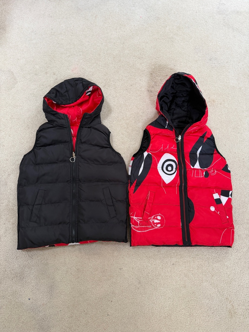 Reversible Puffer Vest - Black and Red Graphic
